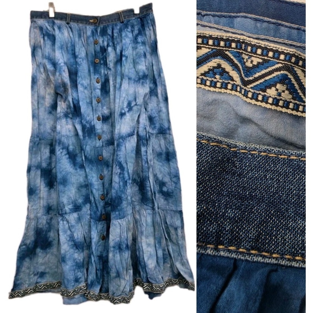 Tie Dye Skirt Broomstick Full Button Tiered Maxi Size 12 Gypsy Hippie Boho 3269